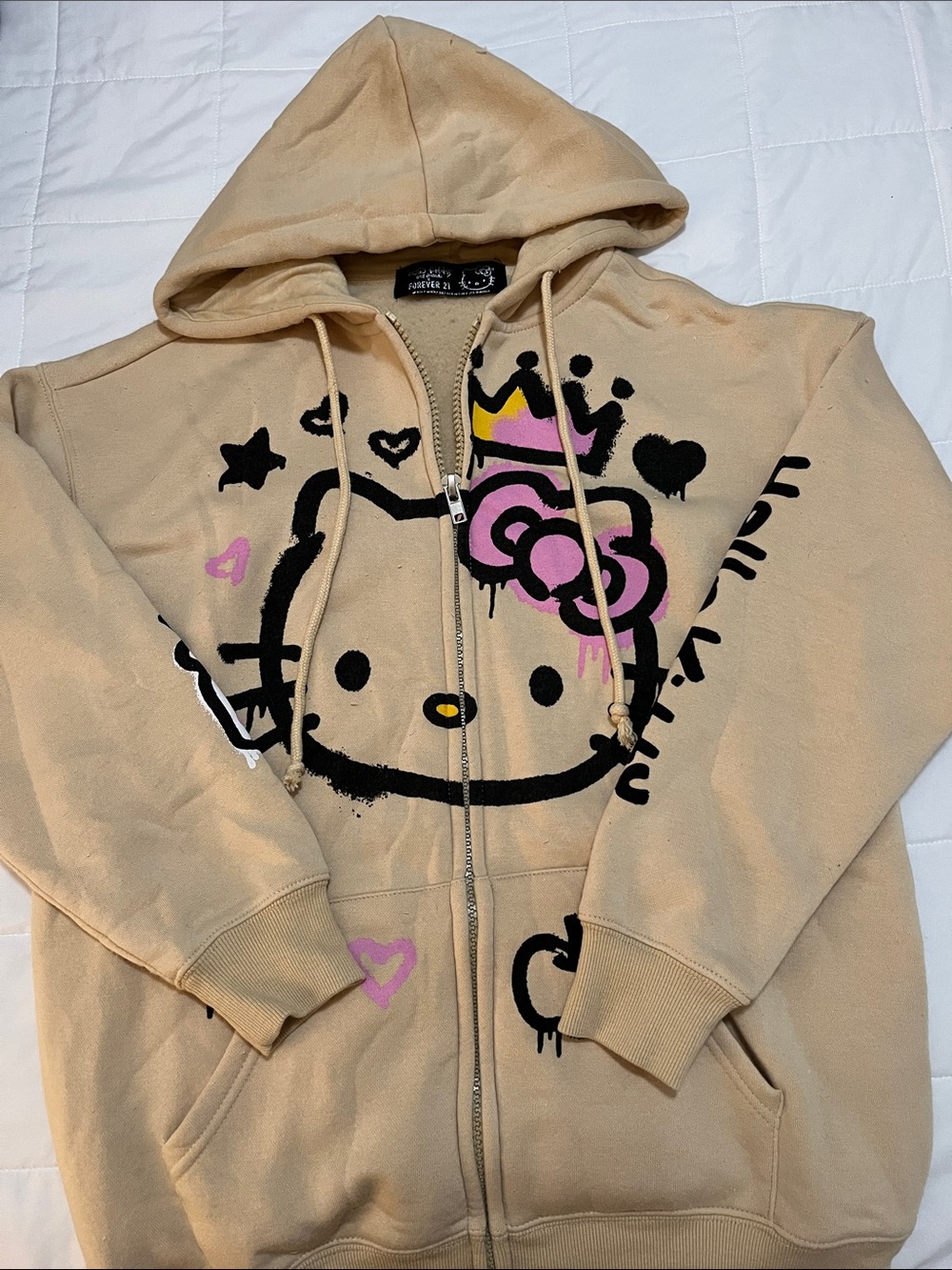 Forever 21 Beige Hello Kitty Graphic Zip Hoodie with Pink Accent